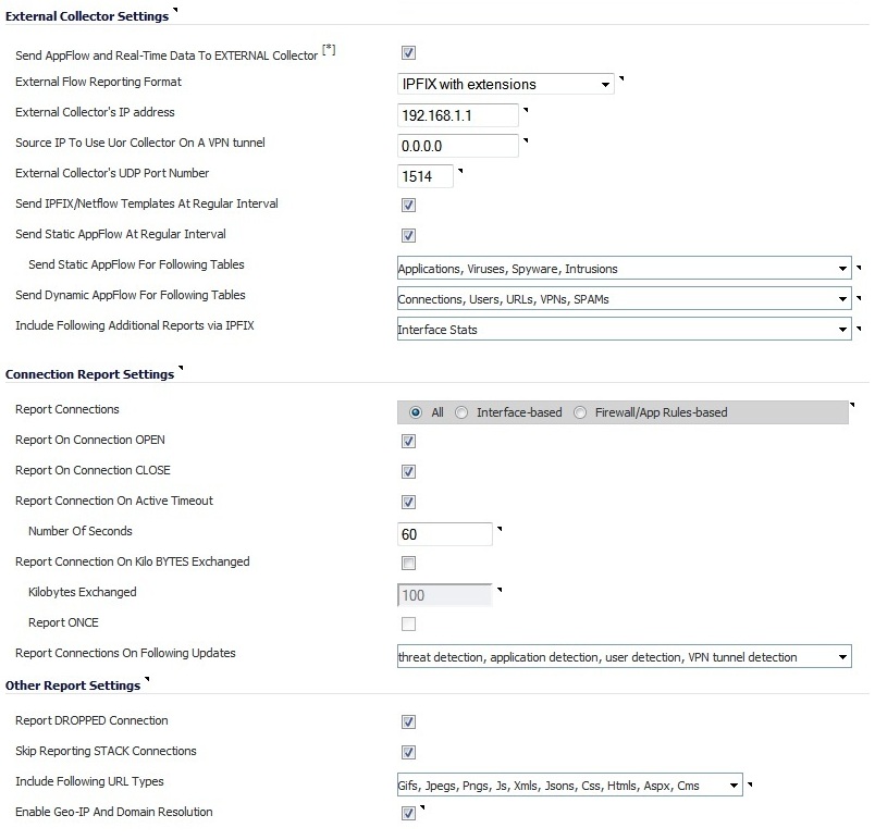 SonicWALL IPFIX settings